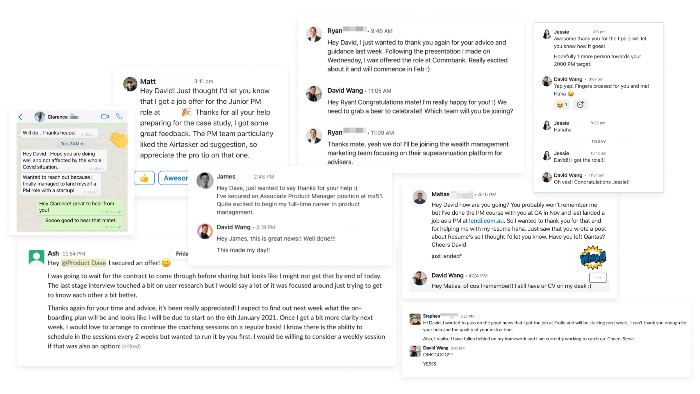 Messages from past students thanking Dave for his teaching and coaching, with updates about job offers and new product roles.